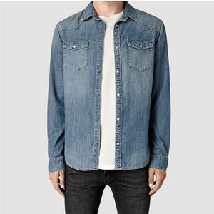 ALL SAINTS Denim Snap Button ”Laggan” Long Sleeve Men’s Shirt L (fits like a M)